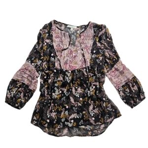 Pale Sky Dusty Pink and Black Floral V-Neck Bell Sleeve Women's Blouse